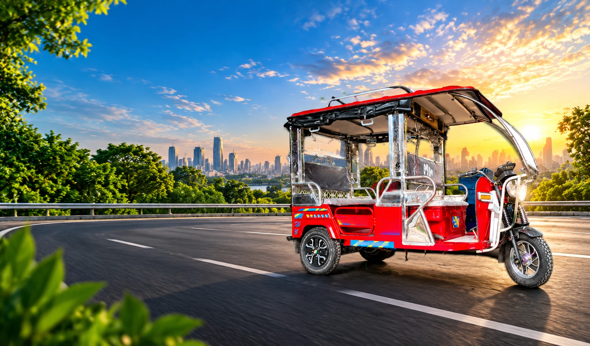 Red Money Metro Electric Rickshaw on a Sunset City Road